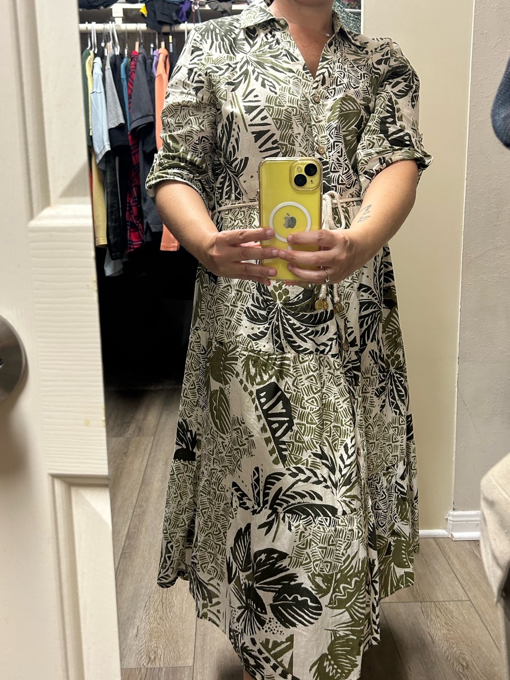 Mlle Gabrielle Olive & Cream Botanical Maxi Shirt Dress Tropical Print Cotton